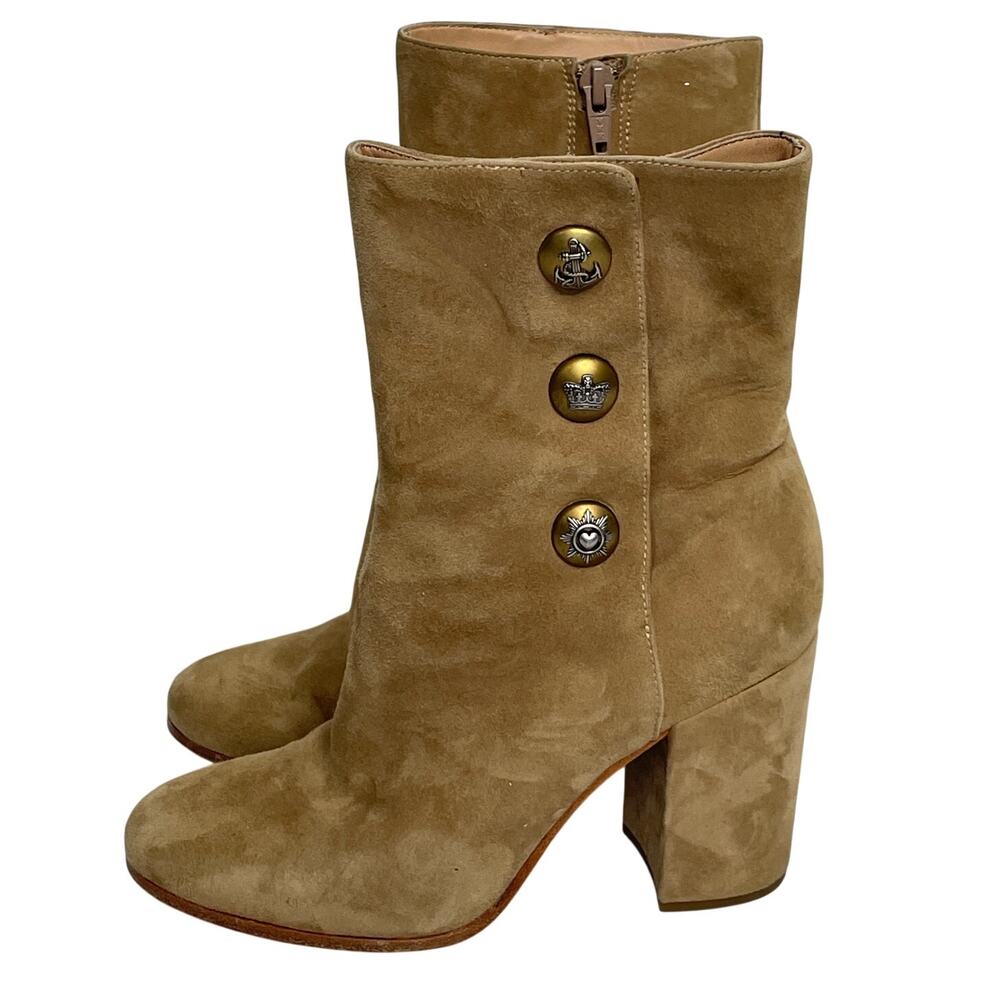 Polo Ralph Lauren Rare Suede Button Ankle Boots Camel Tan 6B Heel Western Luxe